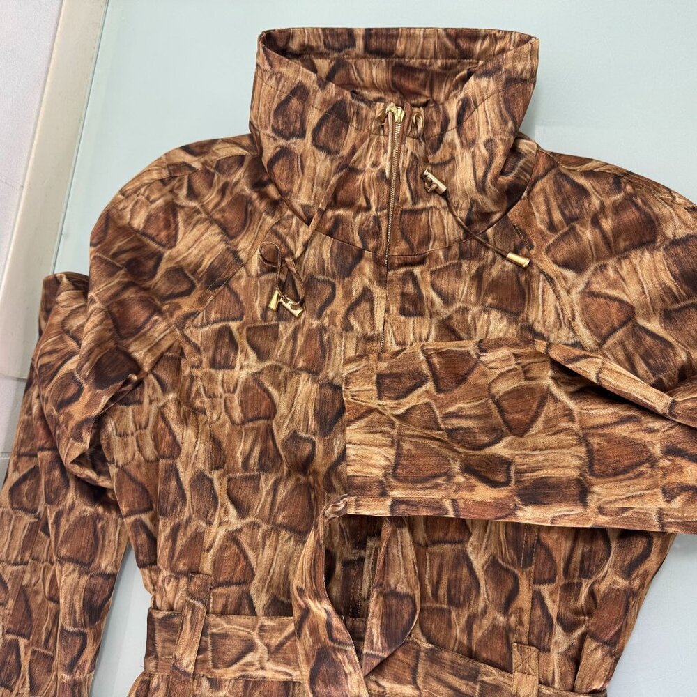 ST. JOHN Belted Trench Coat Jacket Womens Large L Satin Animal Print Full Zip - Picture 2 of 11
